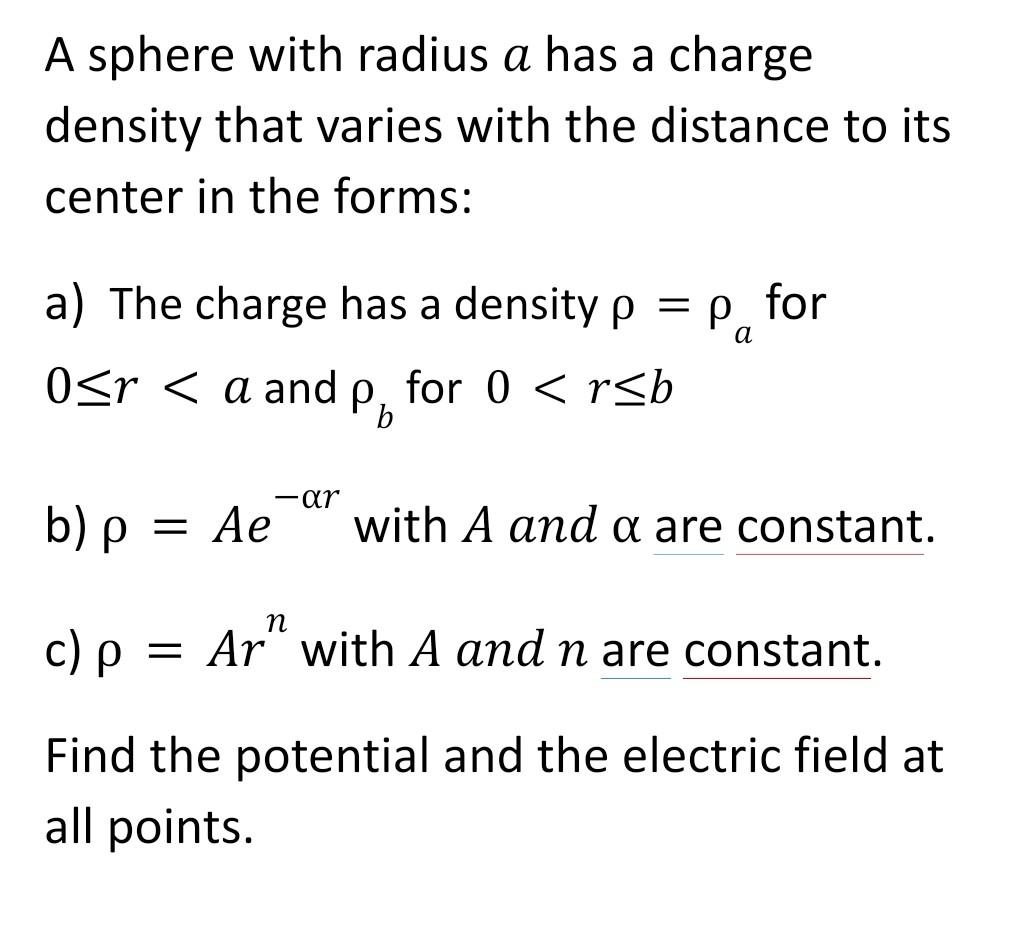 Solved A sphere with radius a has a charge density that | Chegg.com