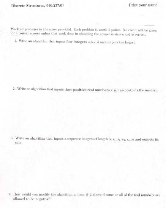 Solved Discrete Structures, 640:237:01 Print your name Work | Chegg.com