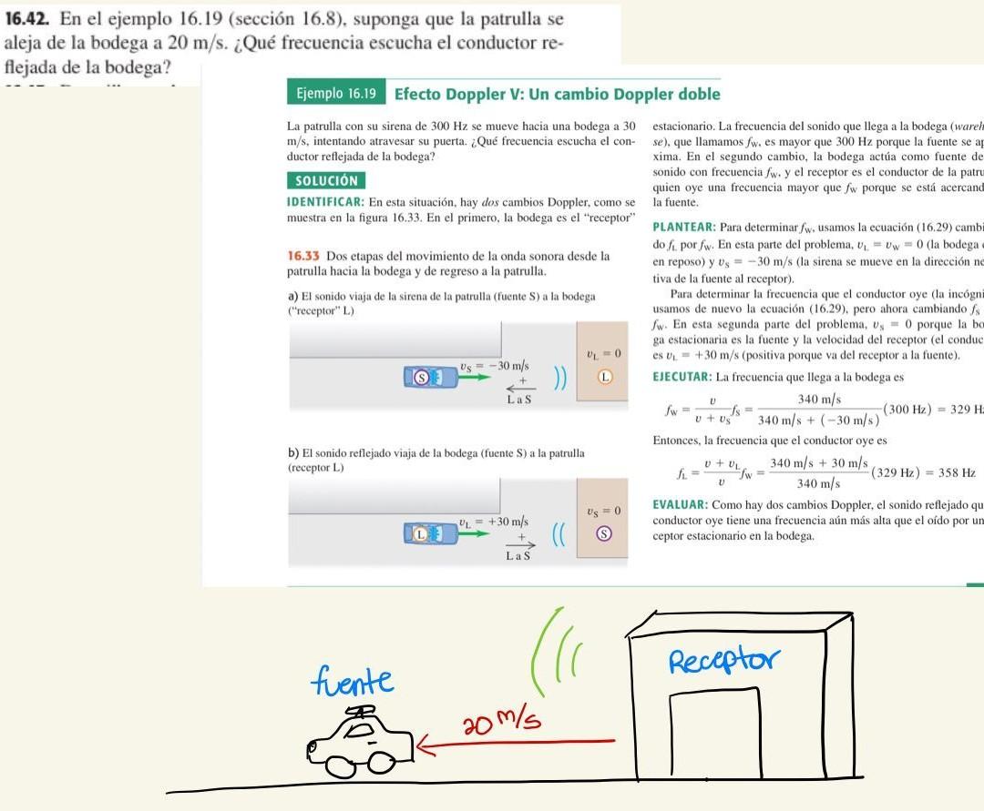 16.42. En el ejemplo 16.19 (sección 16.8), suponga que la patrulla se aleja de la bodega a 20 m/s. ¿Qué frecuencia escucha el