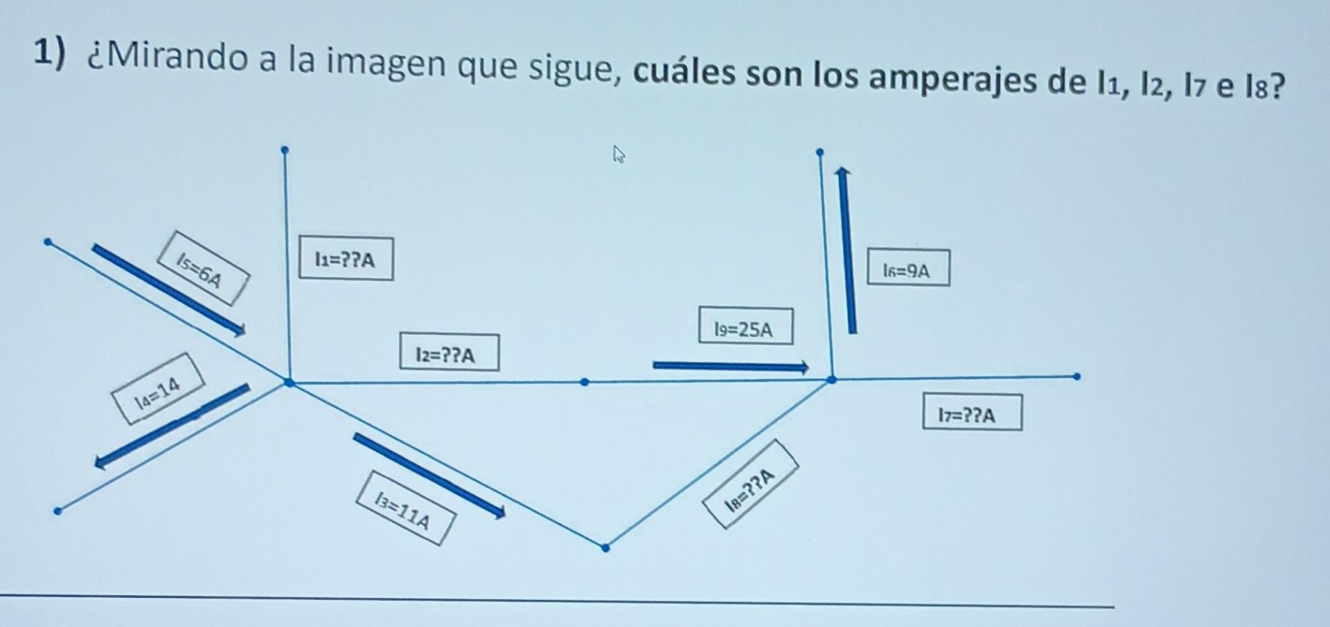 1) ¿Mirando a la imagen que sigue, cuáles son los amperajes de \( I_{1}, I_{2}, I_{7} \) e Is?