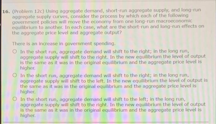 Solved 16. (Problem 12c) Using aggregate demand, short-run | Chegg.com