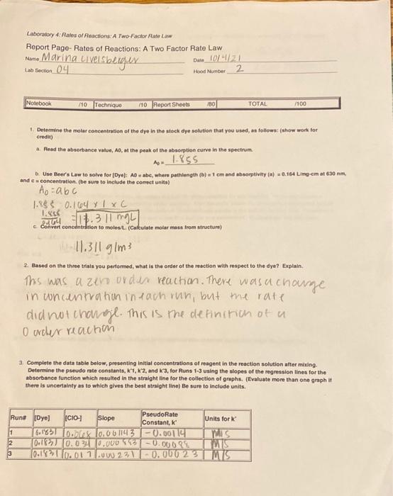 Laboratory 4: Rates of Reaction A Two Factor Rate Law | Chegg.com