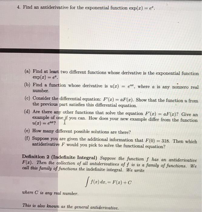 Solved 4. Find an antiderivative for the exponential | Chegg.com