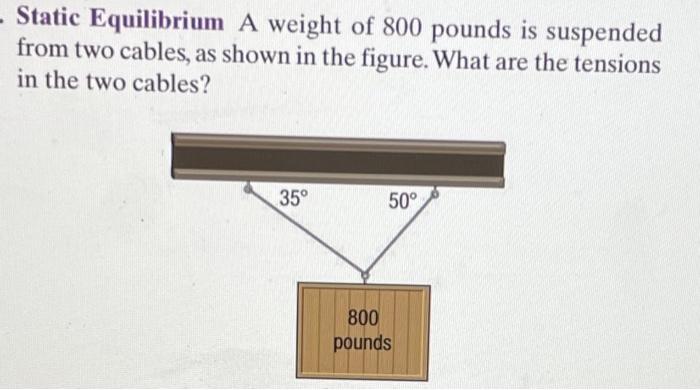 Solved - Static Equilibrium A weight of 800 pounds is | Chegg.com