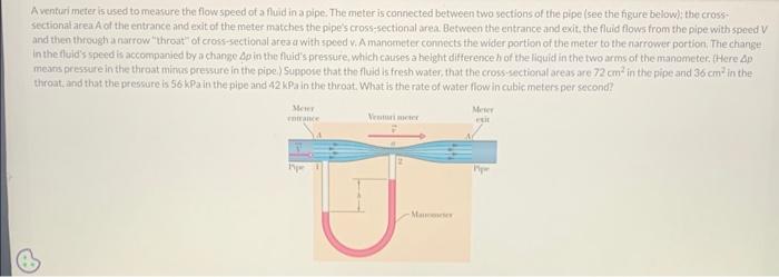 Solved A venturi meter is used to measure the flowspeed of a | Chegg.com