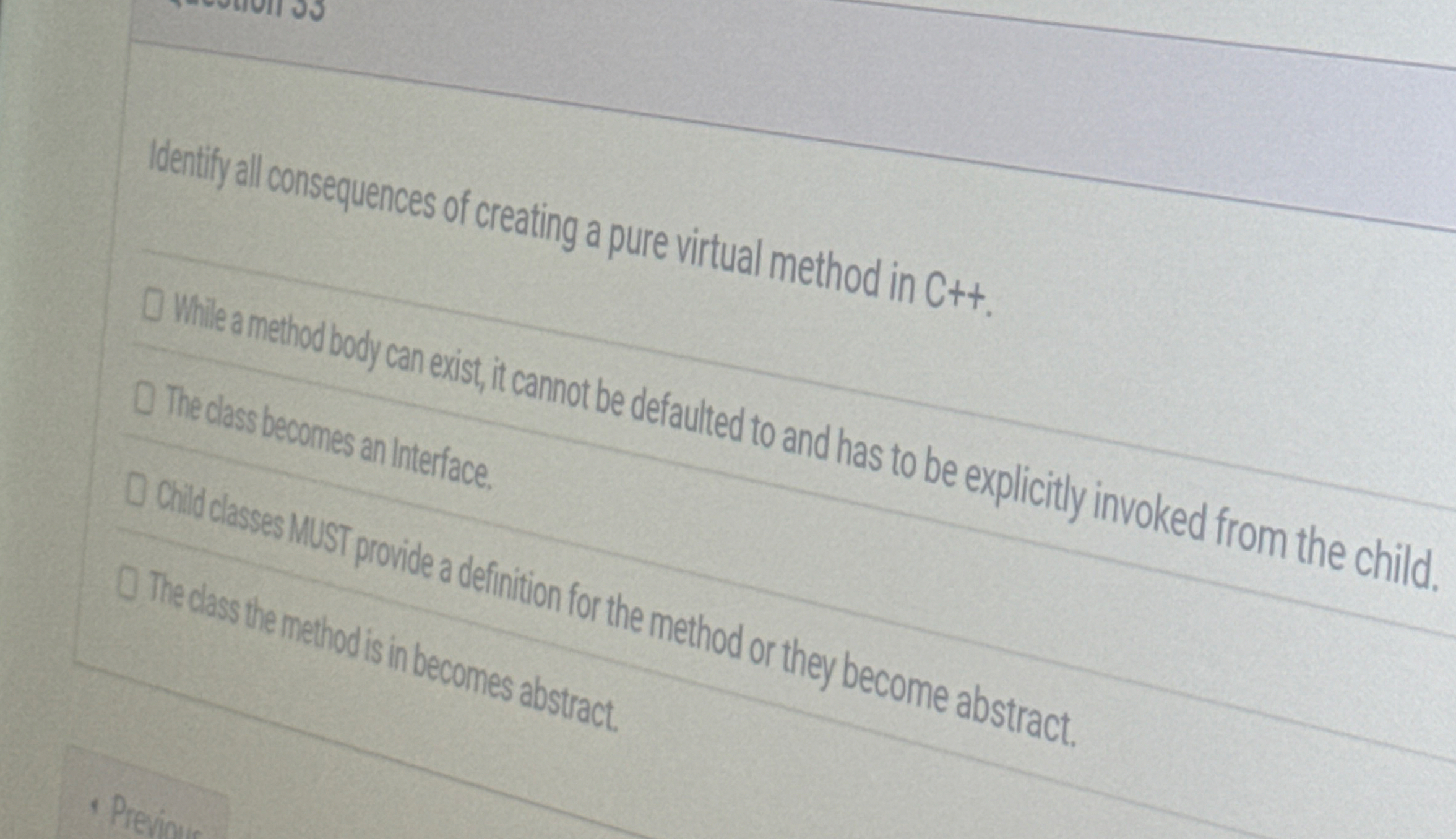 Solved Identify all consequences of creating a pure virtual | Chegg.com
