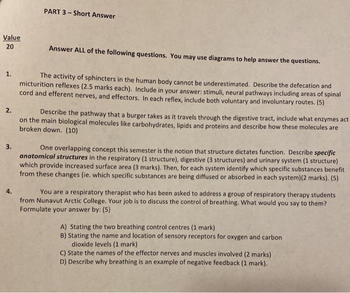 Solved PART 3 - Short Answer Value 20 Answer ALL of the | Chegg.com