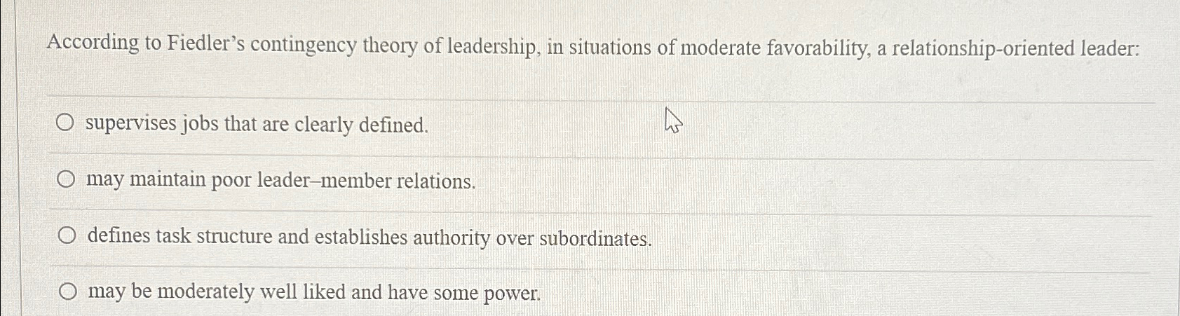 Solved According to Fiedler's contingency theory of | Chegg.com