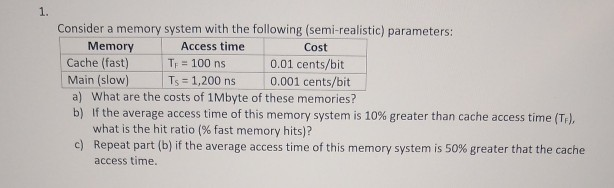 Solved 1. Consider a memory system with the following | Chegg.com