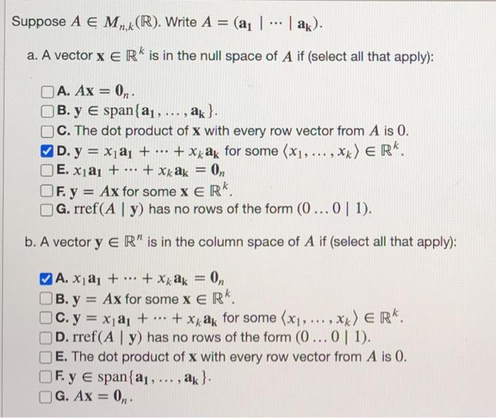 Solved Suppose A Mn k R . Write A a ak . a. A Chegg