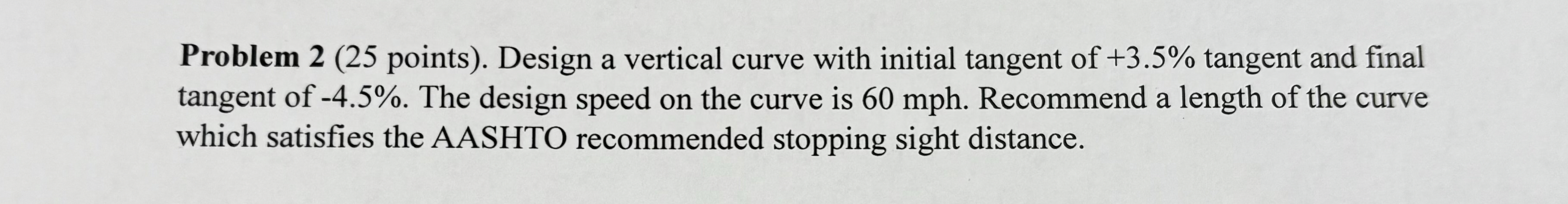 Solved Problem 2 ( 25 ﻿points). ﻿Design a vertical curve | Chegg.com