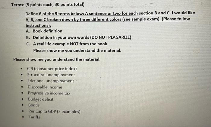 Solved Define 6 of the 9 terms below: A sentence or two for | Chegg.com