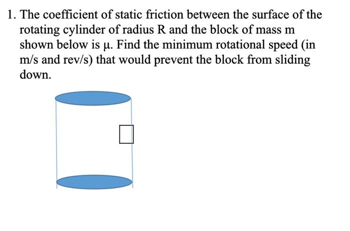 1. The coefficient of static friction between the surface of the rotating cylinder of radius \( R \) and the block of mass \(