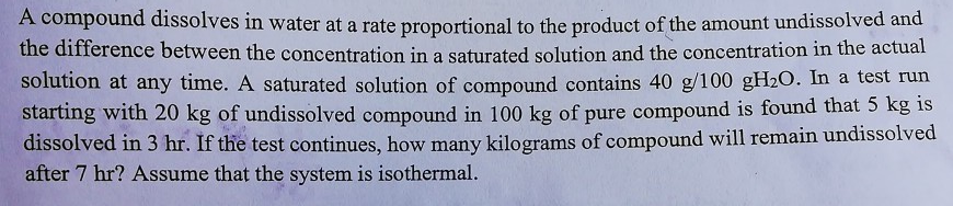 Solved A compound dissolves in water at a rate proportional | Chegg.com