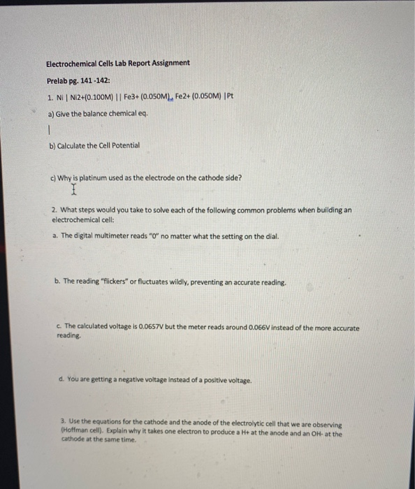 Solved Electrochemical Cells Lab Report Assignment Prelab