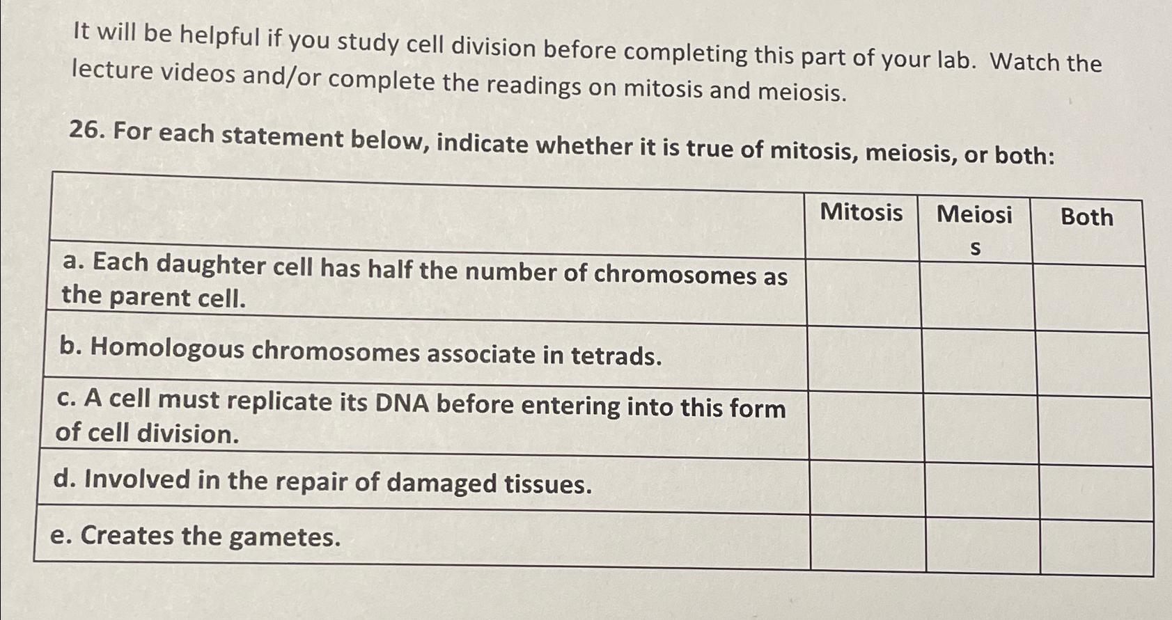 Solved It will be helpful if you study cell division before | Chegg.com