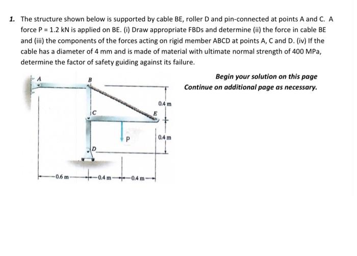Solved 1. The structure shown below is supported by cable | Chegg.com