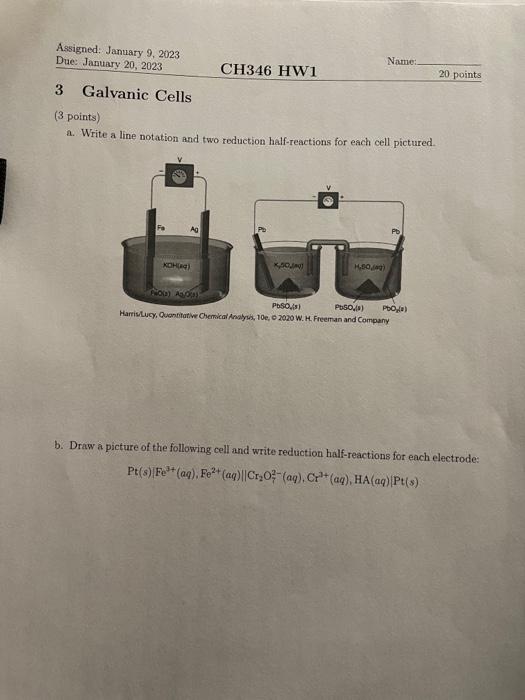 (3 points)
a. Write a line notation and two reduction half-reactions for each cell pictured.
b. Draw a picture of the followi