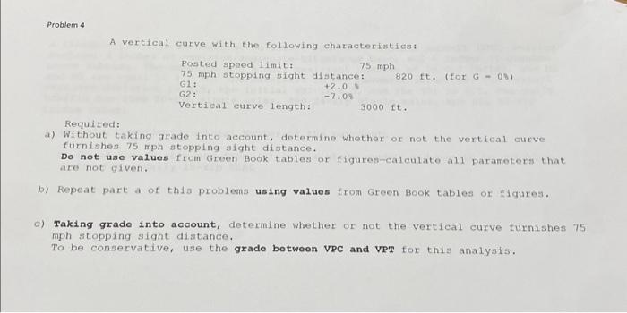 Solved Problem 4 A vertical curve with the following | Chegg.com
