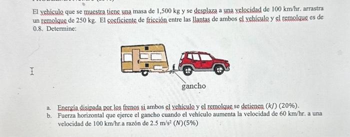 El yechicule que se muestra tiene una masa de \( 1,500 \mathrm{~kg} \) y se desplaza a una velocidad de \( 100 \mathrm{~km} /