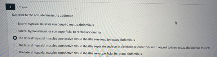 1
0/1point
Superior to the arcuate line in the abdomen
lateral hypaxial muscles run deep to rectus abdominus
lateral hypaxial