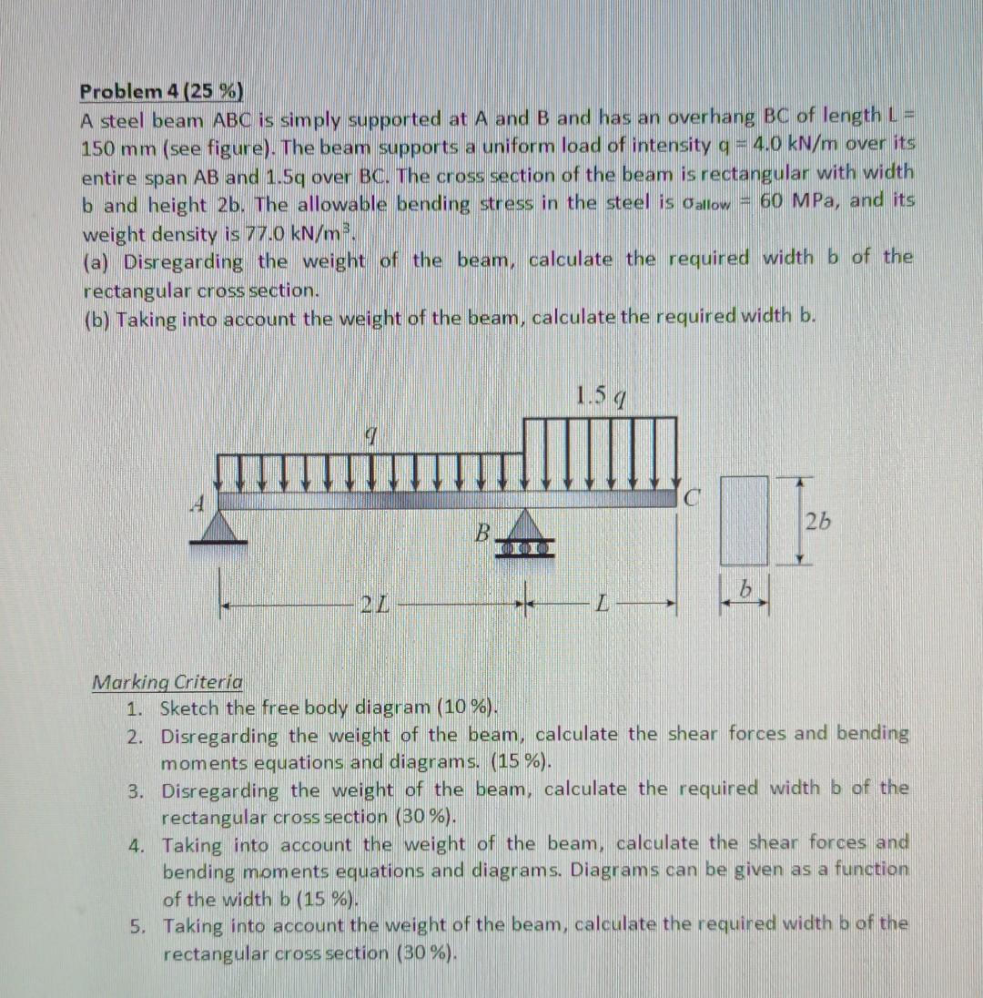 Solved Problem 4 (25%) A steel beam ABC is simply supported | Chegg.com