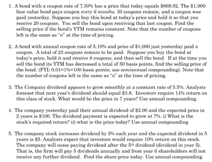 Solved Bond And Stock Evaluation. Solve Each Problem And | Chegg.com