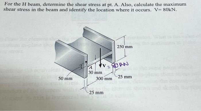 For the \( H \) beam, determine the shear stress at pt. A. Also, calculate the maximum shear stress in the beam and identify