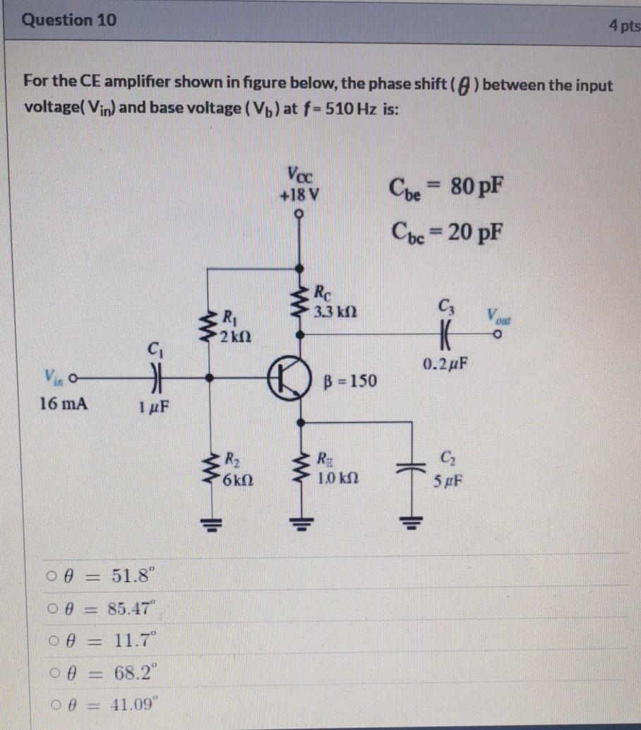 Solved Question 10 4 pts For the CE amplifier shown in | Chegg.com