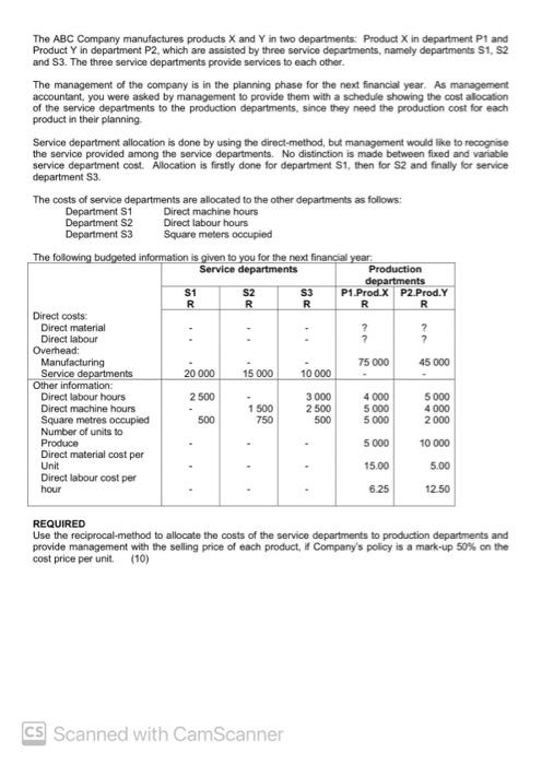 Solved The ABC Company manufactures products X and Y in two | Chegg.com