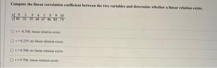 Solved Compute the linear correlation coefficient between | Chegg.com