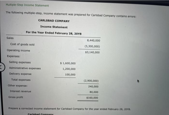 Solved Multiple-Step Income Statement The following | Chegg.com
