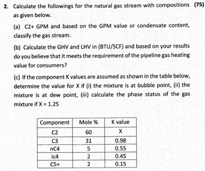 2. Calculate the followings for the natural gas