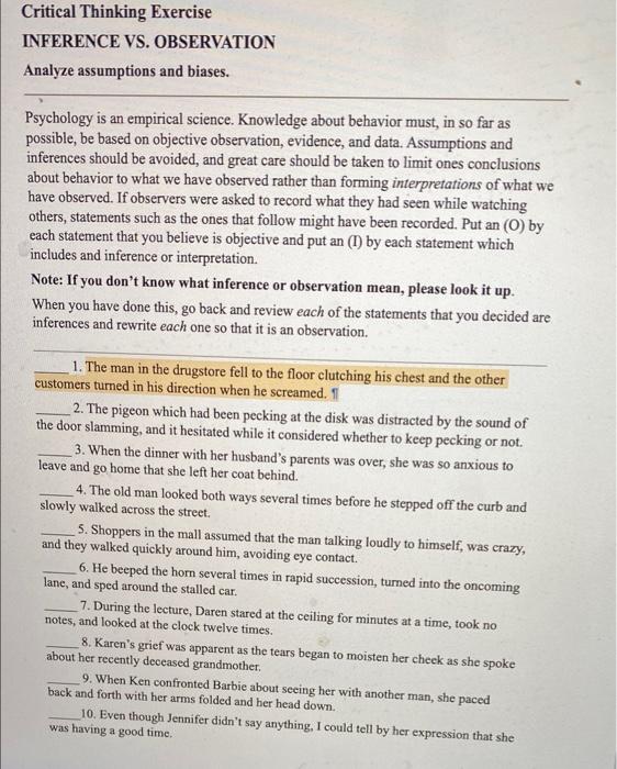Solved Critical Thinking Exercise INFERENCE VS. OBSERVATION | Chegg.com