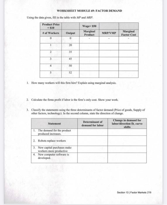 Solved Worksheet Module 69 Factor Demand Using The Data Chegg Com
