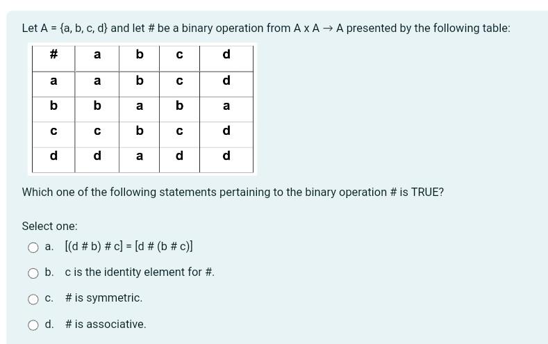 Solved Let A={a,b,c,d} And Let \# Be A Binary Operation From | Chegg.com