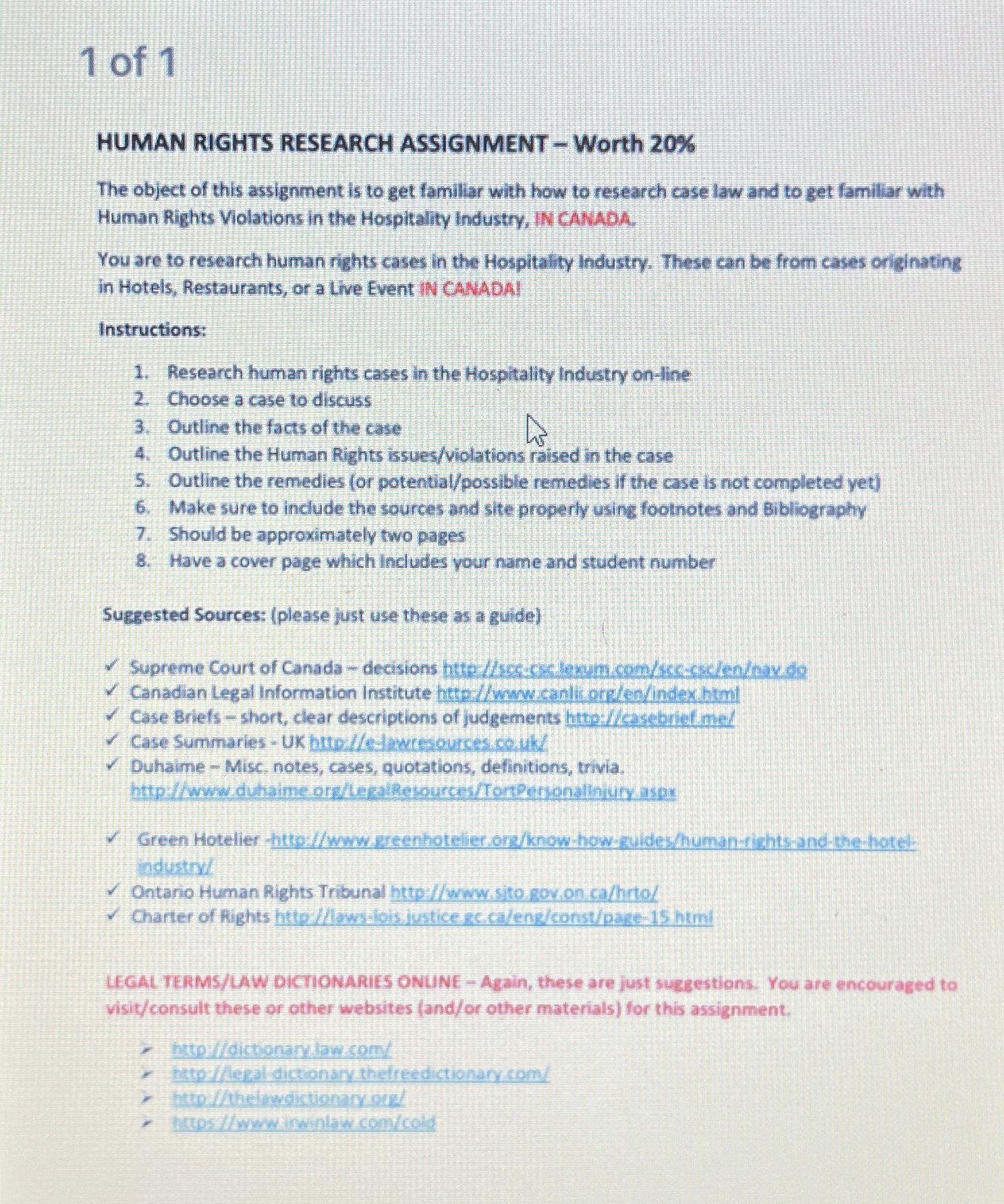 Solved 1 ﻿of 1HUMAN RIGHTS RESEARCH ASSIGNMENT - ﻿Worth | Chegg.com