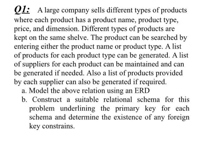 Solved Q1: A large company sells different types of products | Chegg.com