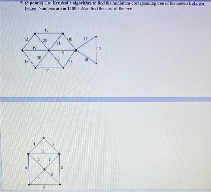 Solved 5. (8 points) Use Kruskal's algorithm to find the | Chegg.com