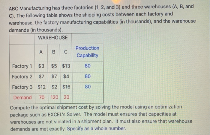 Solved ABC Manufacturing Has Three Factories (1, 2, And 3) | Chegg.com