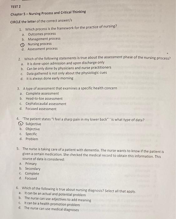 TEST 2 Chapter 5 - Nursing Process and Critical | Chegg.com
