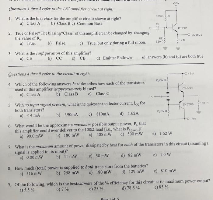 Solved Questions 1 thru 3 refer to the 12 V amplifier | Chegg.com