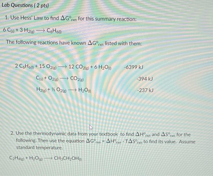 Solved 1. Use Hess' Law to find ΔG∘rxn for this summary | Chegg.com