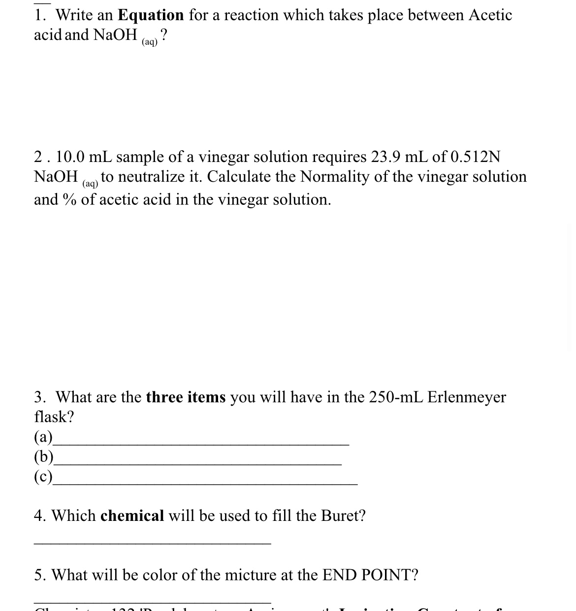 10.0mL ﻿sample of a vinegar solution requires 23.9mL