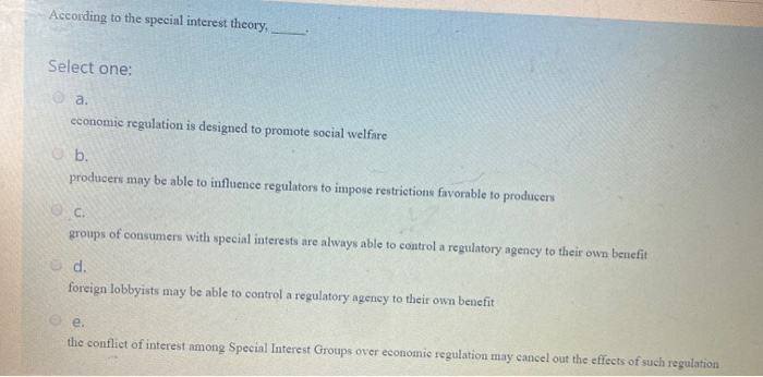 Solved According to the special interest theory, Select one: | Chegg.com
