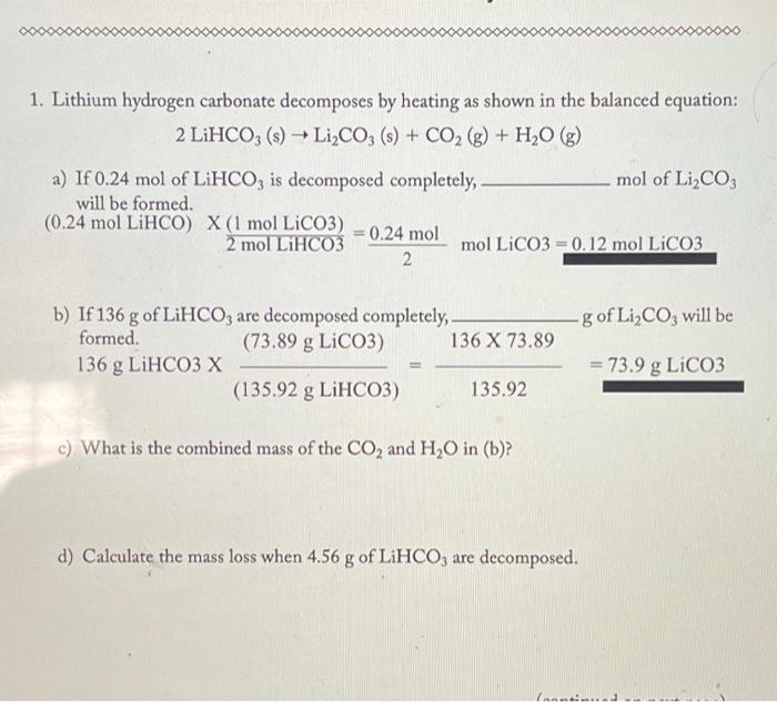 Solved 1. Lithium hydrogen carbonate by heating