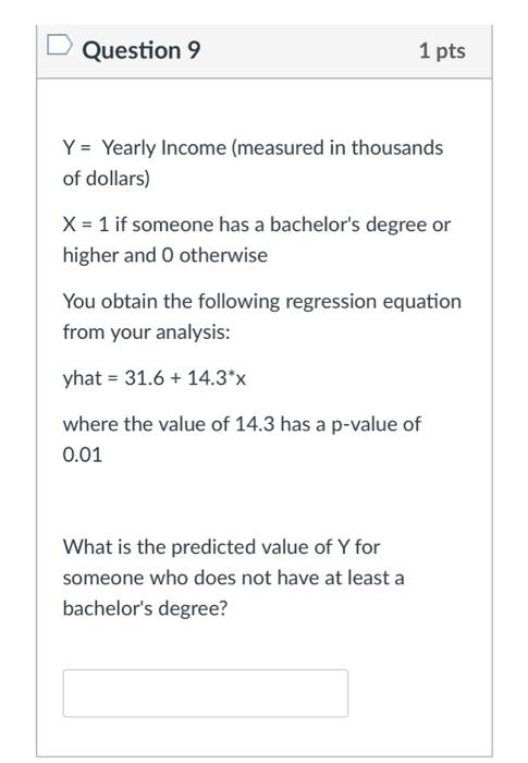 Solved D Question 9 1 pts Y = Yearly Income (measured in | Chegg.com