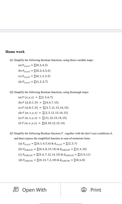 Solved Home Workq1 Simplify The Following Boolean Functions Chegg Com