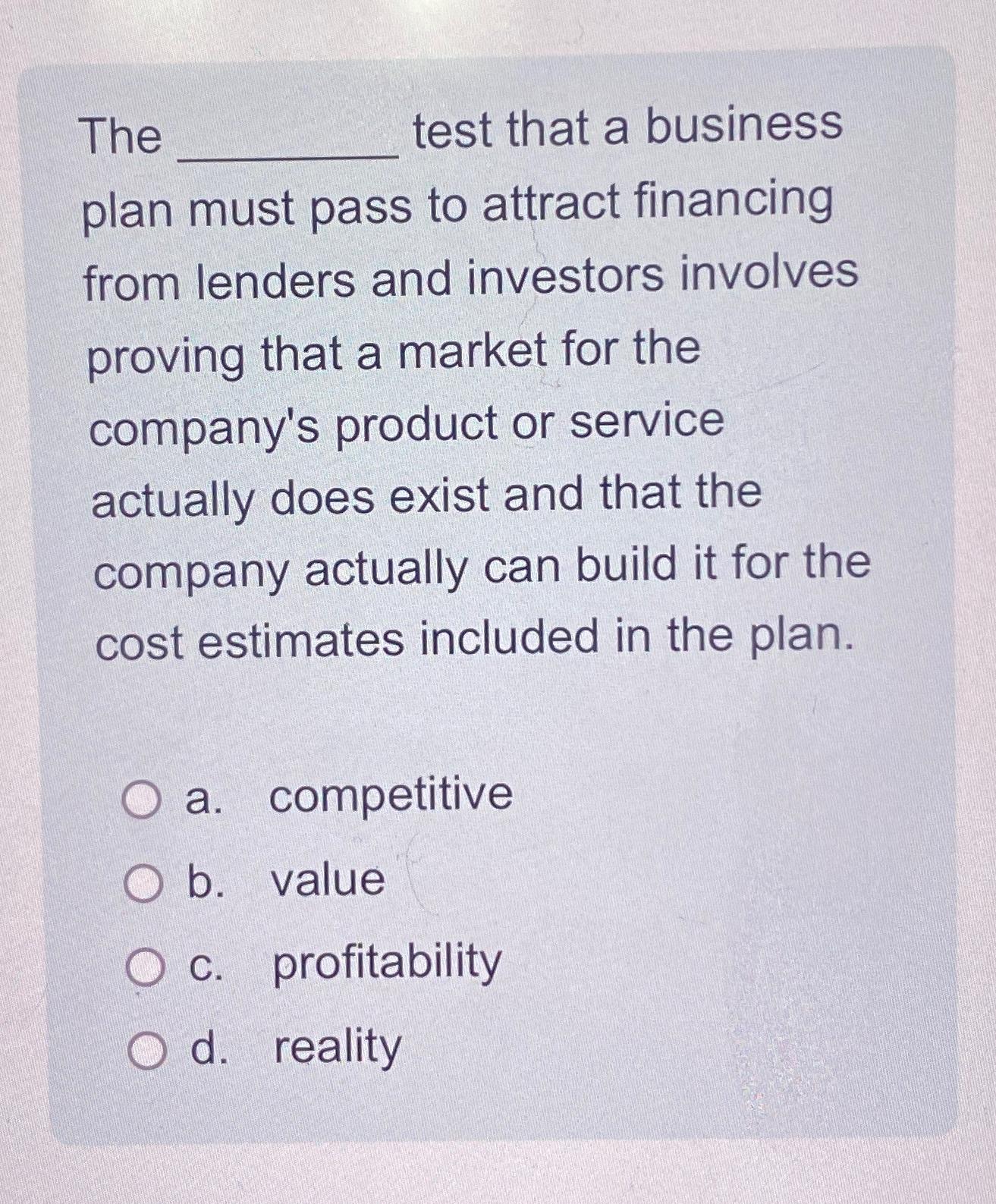 reality test that a business plan must pass