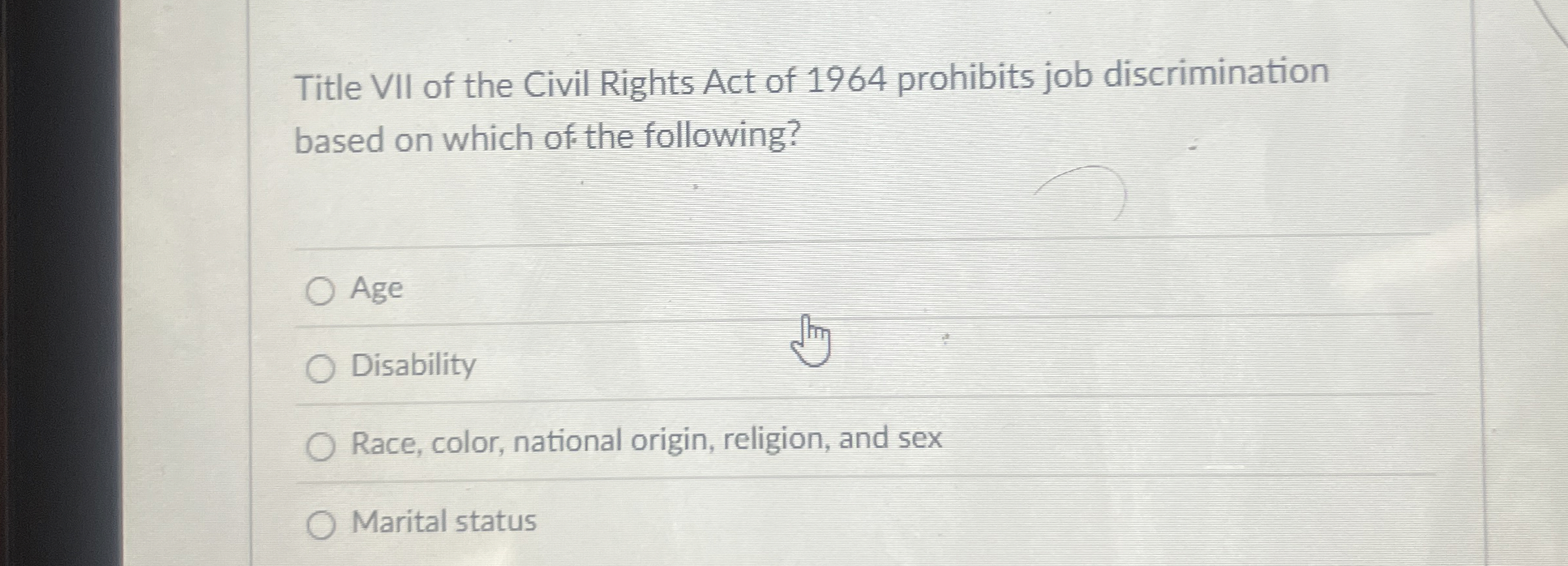 Solved Title VII of the Civil Rights Act of 1964 ﻿prohibits | Chegg.com